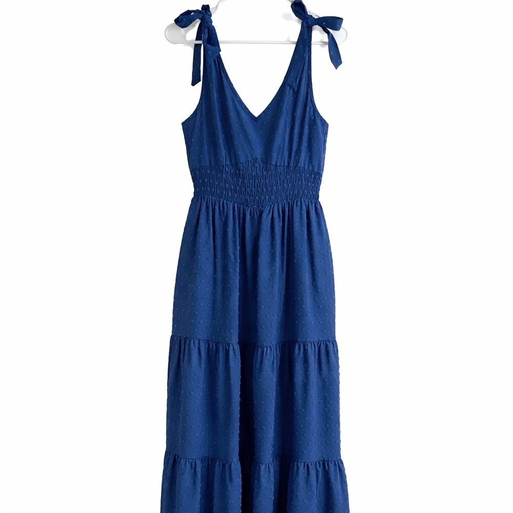 Tie-Shoulder Swiss Dot Maxi Dress in Navy Blue
